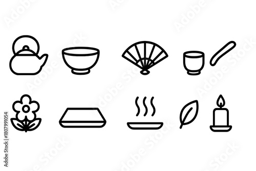 Japanese culture line icon set. Traditional symbols, tea, fan, flower, candle, bowl icons.