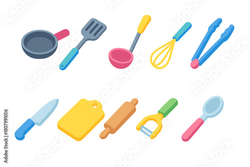 Kitchen tools 3d icon set. Cooking utensils, culinary collection in vibrant 3d style.