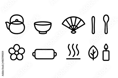 Tea and wellness solid icon set. Relaxation, zen, spa symbols collection.