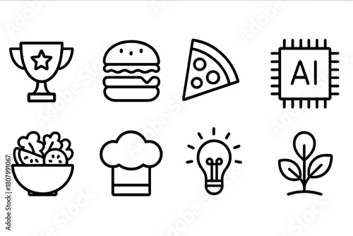 Food and technology line icon set: culinary, ai, lightbulb, salad, pizza, trophy