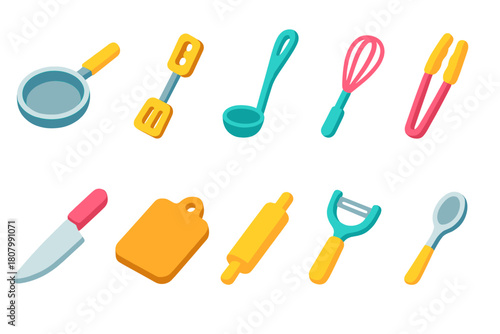 Kitchen utensils neon icon set. Colorful, glowing 3d kitchenware essentials collection