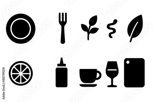 Kitchen and cooking silhouette icon set: essential culinary tools and ingredients