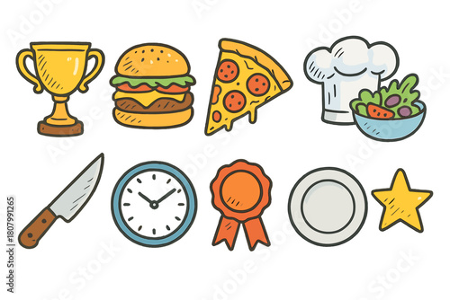Food and cooking doodle icon set. Culinary, gourmet, kitchen, meal outline icons collection