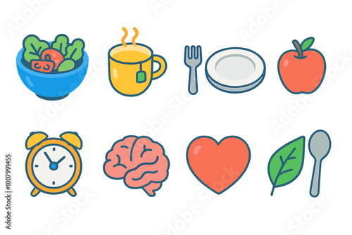 Healthy living flat icon set. Nutrition, wellness, mindfulness icons flat collection.