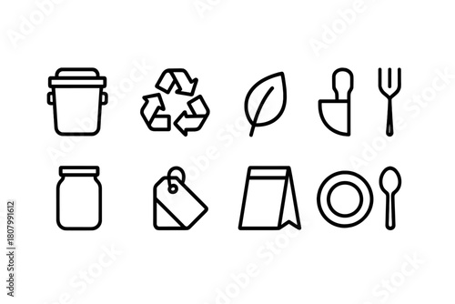 Eco-friendly, sustainability outline icon set for recycling and waste management