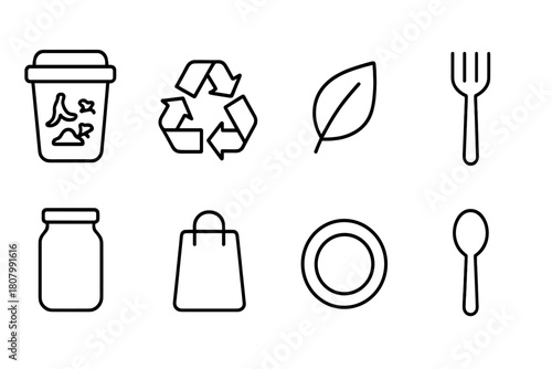 Recycling and waste management line icon set for environmental awareness