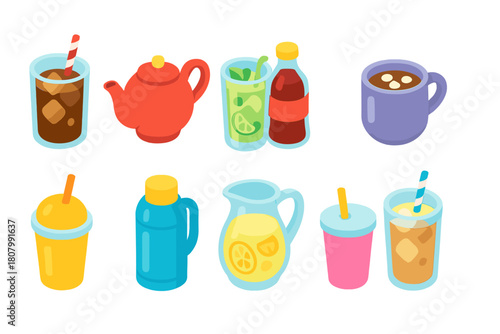 Beverage drink neon glow icon set. Colorful neon icons collection, flat style.