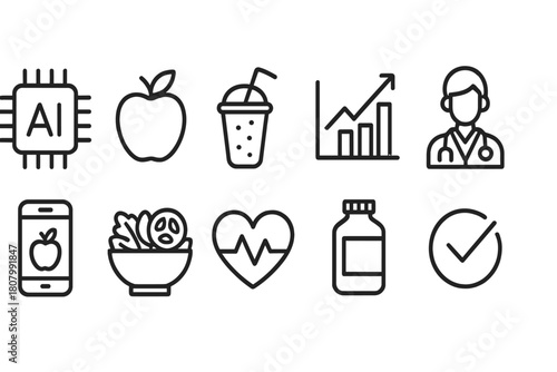 Health and technology line icon set. Medical, nutrition, and tech line art collection.