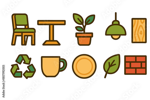 Furniture and home decor flat icon set. Stylish, sustainable home icons collection