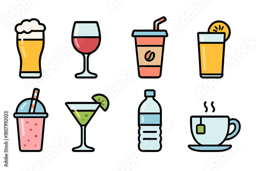 Beverage flat icon set. Drinks, juice, coffee, tea, wine, beer, water icons collection