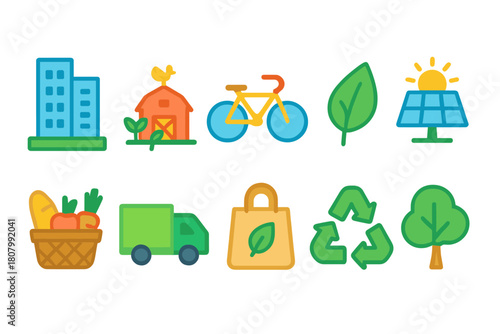 Eco-friendly lifestyle flat icon set. Sustainable living, green energy, and recycling icons.
