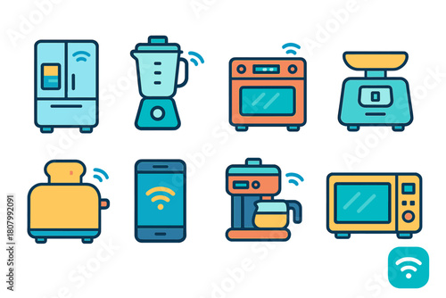 Smart kitchen appliances line icon set. Wifi-enabled kitchen gadgets collection.