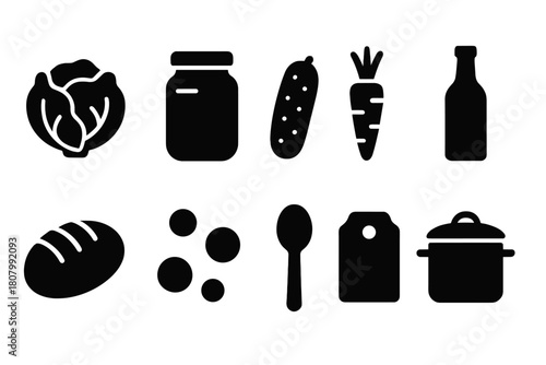 Food and kitchen silhouette icon set. Minimalist cooking and ingredient silhouettes