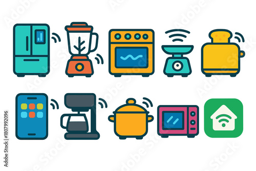 Smart home appliances icon set. Flat style for kitchens and living spaces