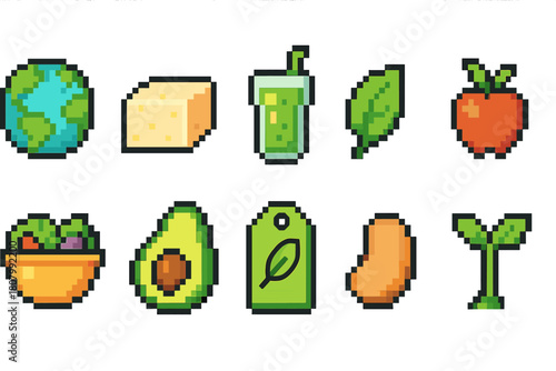 Sustainable living, eco-friendly pixel art icon set. Green habits pixel collection