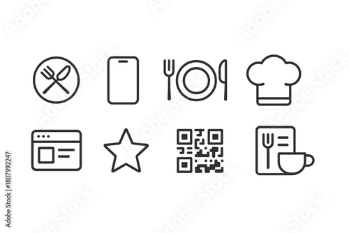 Restaurant and cooking outline icon set. Dining, chef utensils, kitchen tools