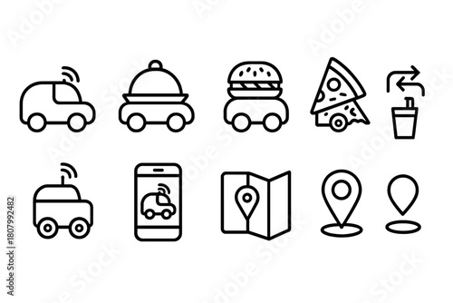Food delivery line icon set. Fast food, gps, mobile maps, takeout icons collection