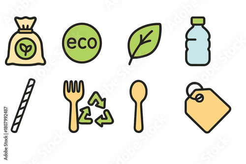 Eco-friendly icons set. Sustainable living flat icons for green lifestyle projects