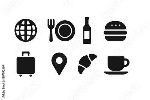 Travel and food silhouette icon set: globe, meal, beverage, location, snack symbols