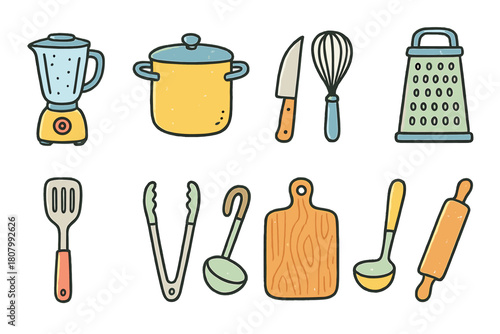 Kitchen tools icon set, cooking utensils collection in flat style