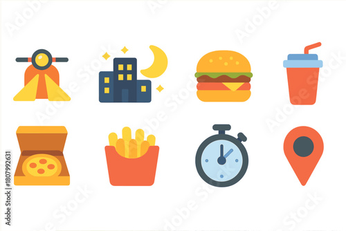 Fast food silhouette icon set. Burger, fries, and beverage icons collection.