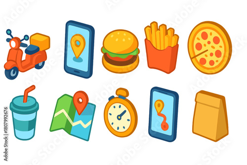 Food delivery and restaurant 3d icon set. Fast food, maps, and app icons collection
