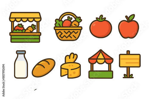 Farmers market flat icon set. Fresh produce, dairy, and baked goods collection