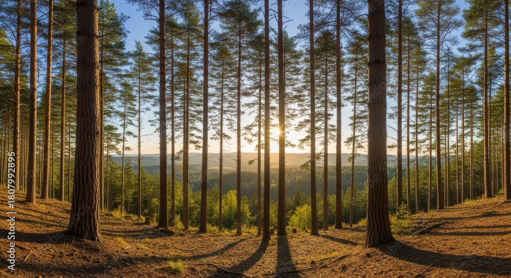 Obraz premium Sunlight streams through tall pine trees in a vibrant forest, creating a stunning landscape perfect for nature-themed projects