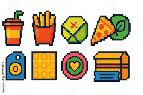 Pixel art icon set: retro animations and everyday objects in classic 8-bit style