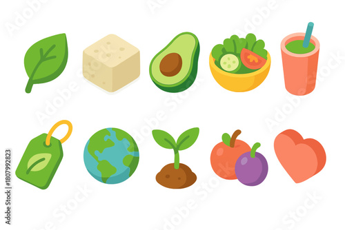 Eco-friendly, vegan flat icon set. Sustainability, plant-based lifestyle icons collection