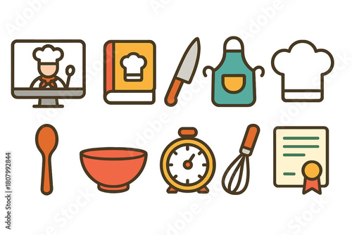 Cooking and kitchen tools icon set in a filled style. Chef, utensils, appliances icons.