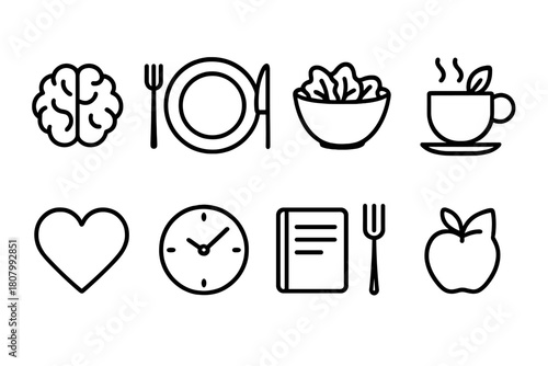 Healthy food, dining outline icon set. Nutrition, meal planning line icons collection.