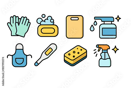 Cleaning essentials icon set. Household hygiene, cleaning tools outline icons collection.