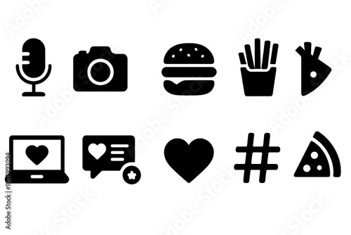 Social media silhouette icon set. Microphone, camera, food, chat icons collection