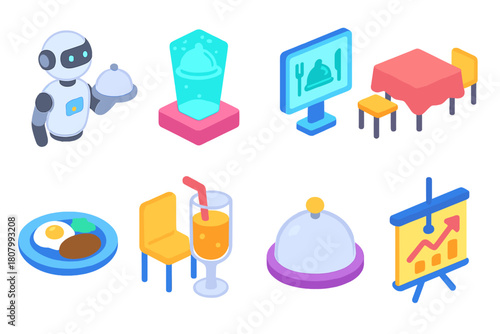 Food and restaurant icon set. Colorful 3d icons for dining and culinary themes.