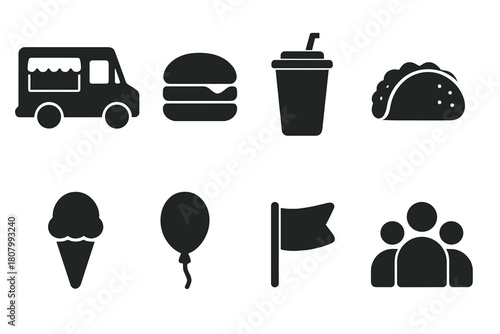 Food and beverage solid icon set. Fast food, drink, snack, dining silhouette icons