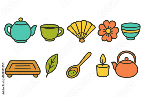 Tea and relaxation icon set. Cozy, flat icons for relaxing, tea time, and zen mood