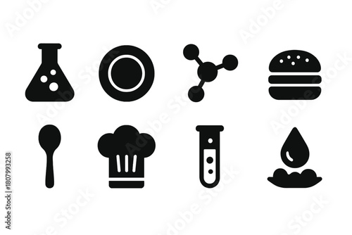 Science and cooking silhouette icon set: chemistry, food, lab tools collection