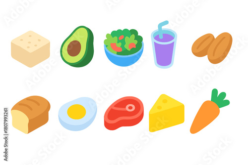 Food and drinks icon set. Colorful 3d icons for healthy eating and nutrition