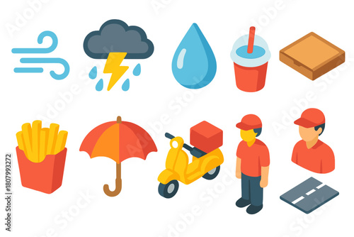 Delivery and weather 3d icon set. Food delivery, weather conditions icons collection