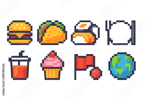 Icon set: pixel art food and drink icons. Retro, 8-bit style, gaming graphics.