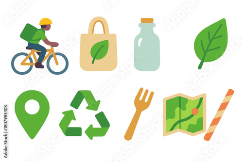 Eco-friendly lifestyle icon set. Sustainable, nature, zero waste icons, flat style.
