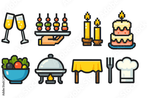 Catering and dining flat icon set. Restaurant, cuisine, and food icons collection.