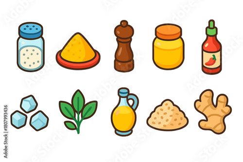Spices and condiments flat icon set. Cooking, ingredients, kitchen essentials collection