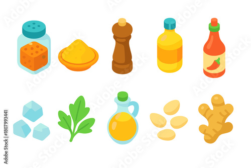 Food ingredients flat icon set. Kitchen essentials and cooking elements collection