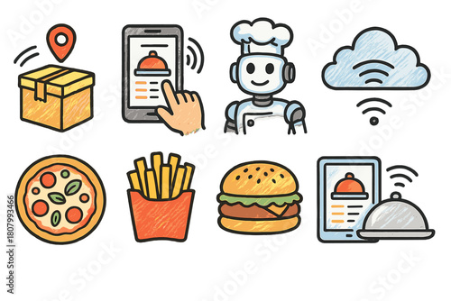 Food delivery services filled icon set. Online ordering, restaurant app icons collection.
