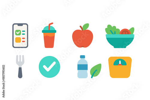 Healthy food icon set. Nutrition, meal planning flat icons collection.