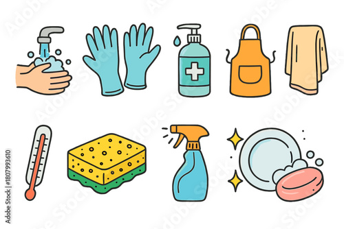Cleaning and hygiene outline icon set with cleaning tools and sanitizer icons