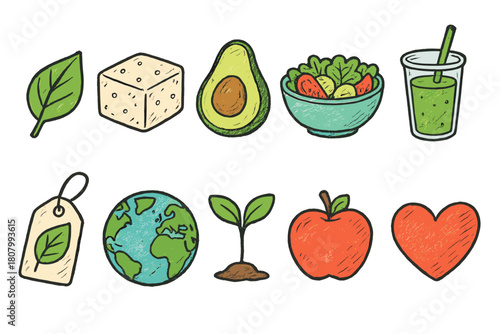 Eco-friendly food doodle icon set. Organic, sustainable, green icons collection