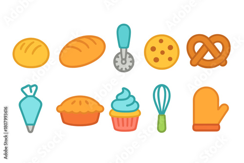 Baking and cooking filled icon set: bread, pastry, kitchen tools, culinary icons collection